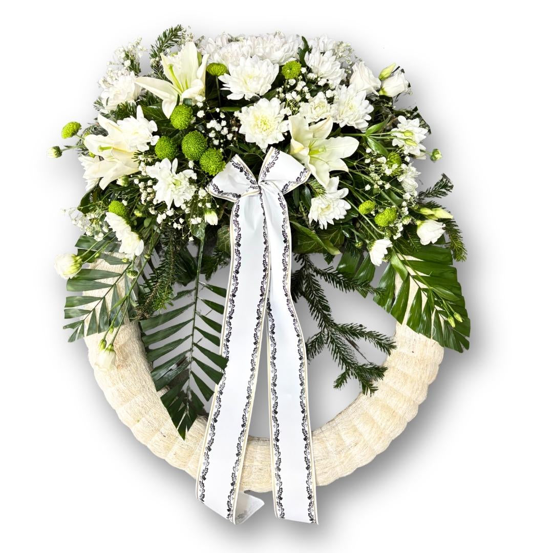 Coroană cu crini, lisianthus, crizanteme