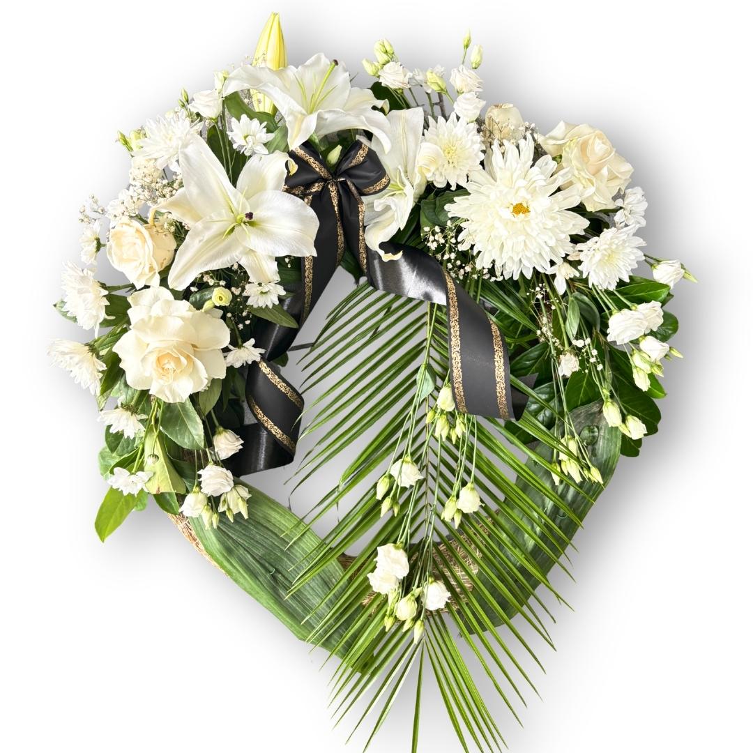 Coroană cu crin , trandafiri, crizanteme, lisianthus, gipsofila