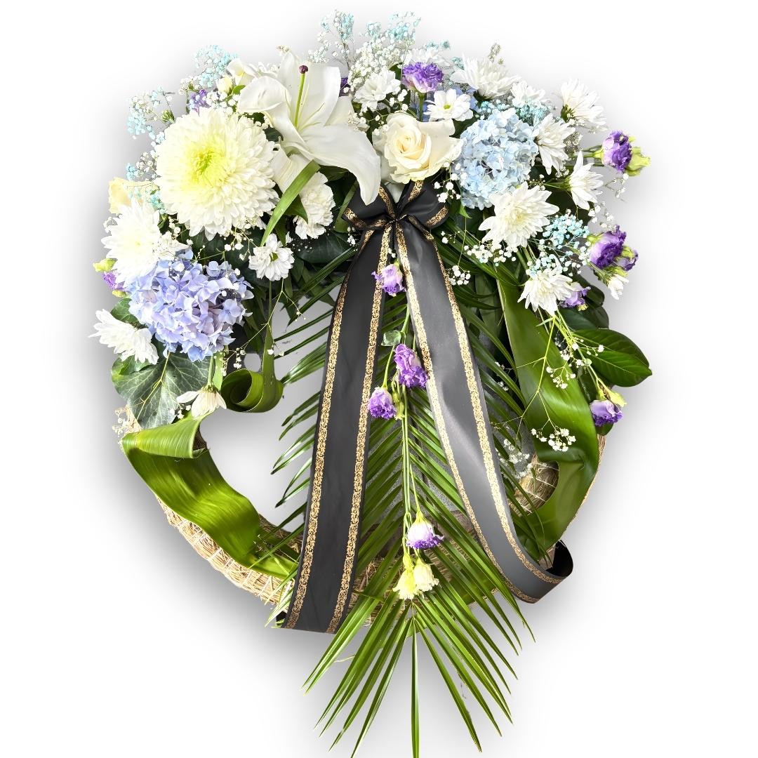 Coroană cu lisianthus, hortensia, crizantema, crin