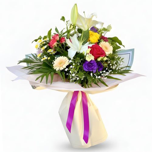 Bouquet of flowers with a pink ribbon on a white background