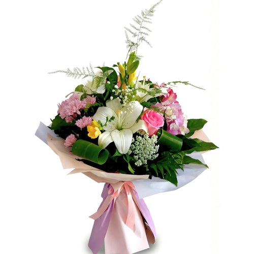 Bouquet of flowers with pink, white, and green colors on a white background