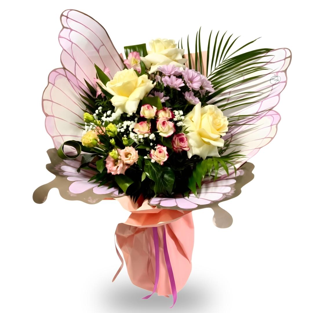 Floral bouquet with butterfly wings and pink ribbon on a white background
