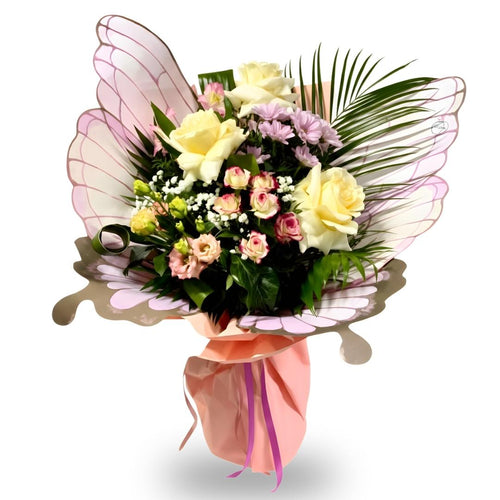Floral bouquet with butterfly wings and pink ribbon on a white background