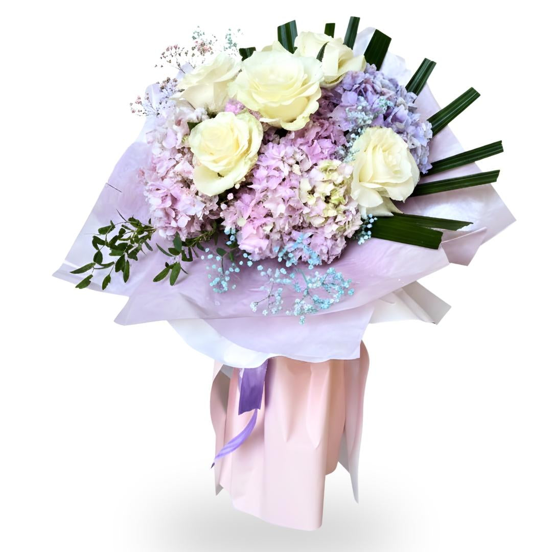 Bouquet of flowers with white and purple flowers on a white background