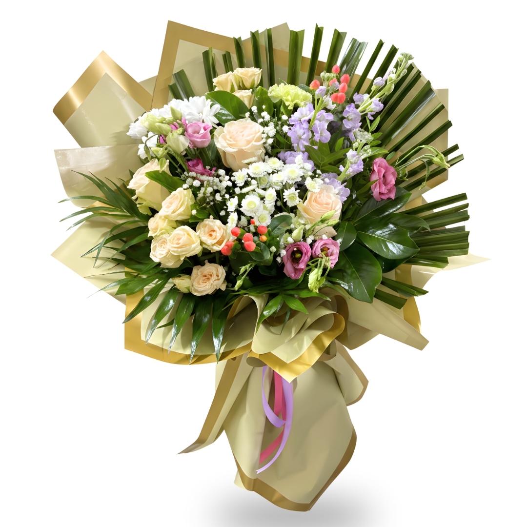 Bouquet of flowers with greenery and ribbons on a white background