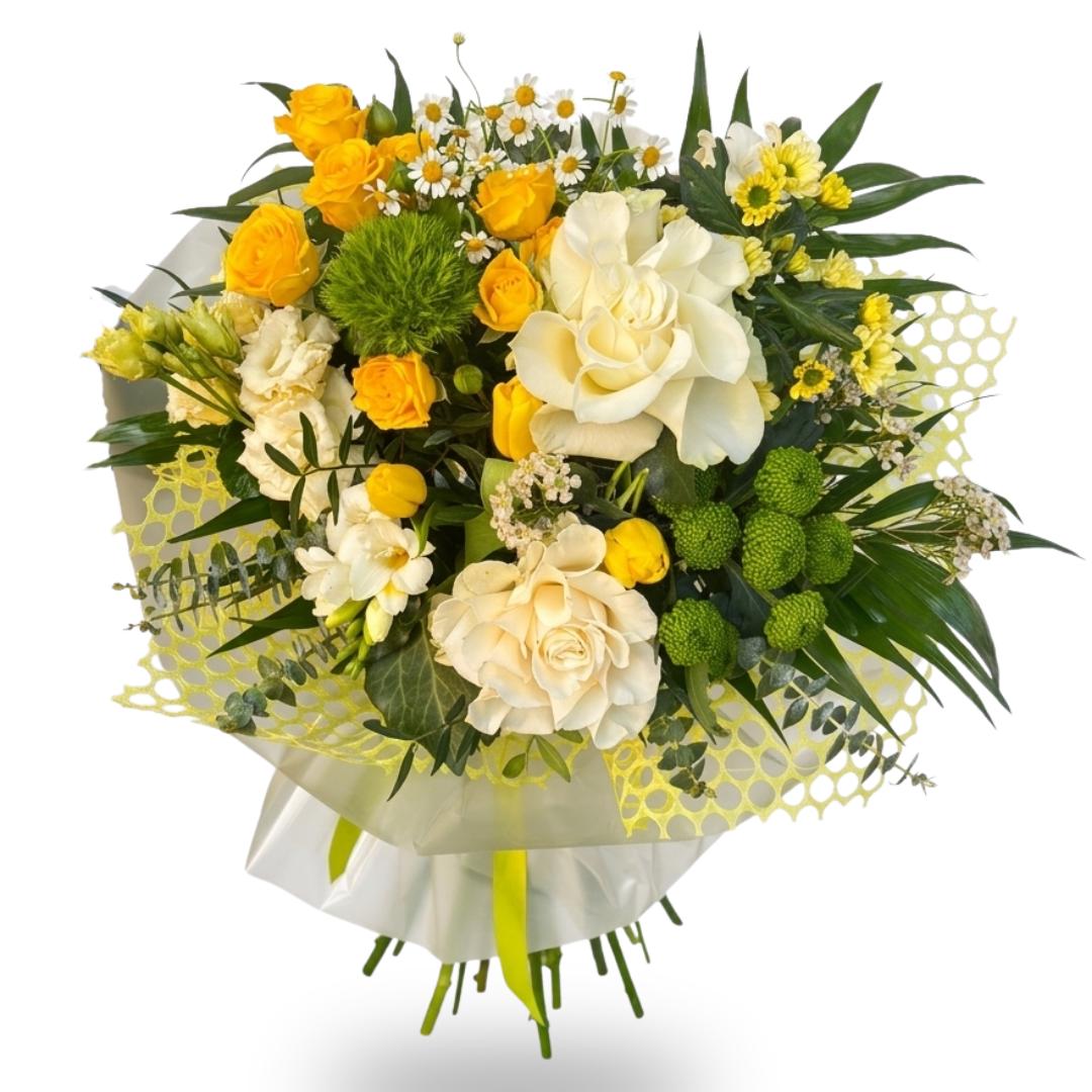 Bouquet of yellow and white flowers with greenery on a white background