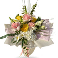 Bouquet of flowers with pink, yellow, and white flowers on a white background