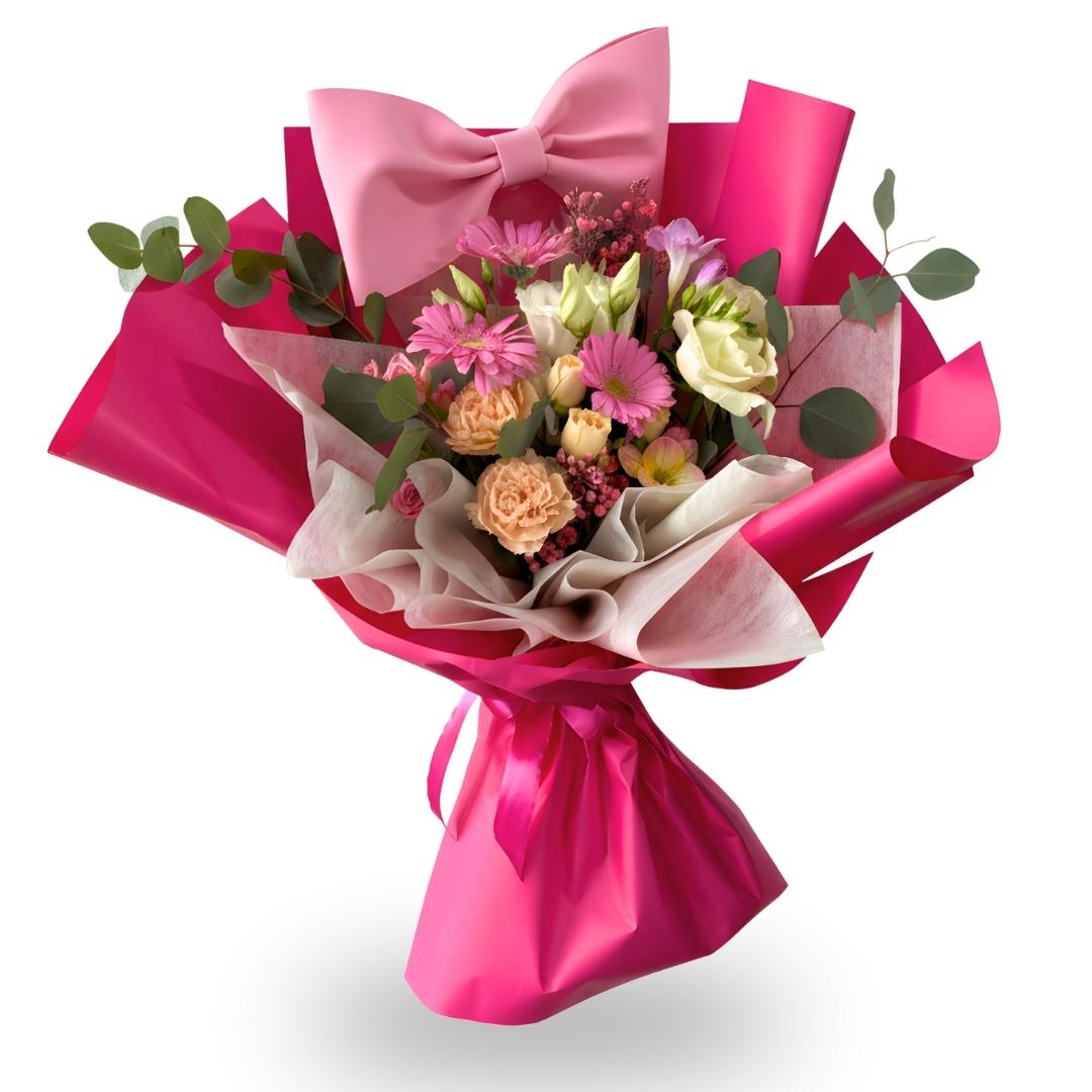 Bouquet of flowers wrapped in pink paper with a pink bow on a white background