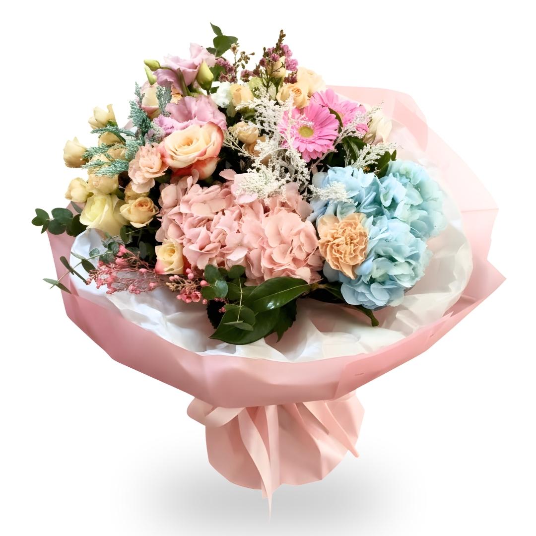 Bouquet of flowers with pink and blue colors on a white background
