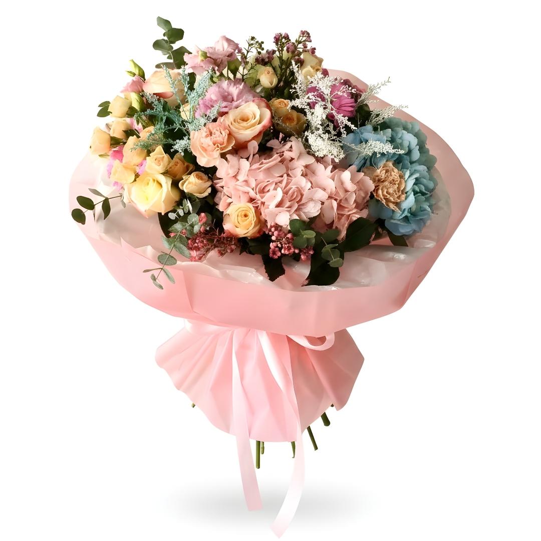 Bouquet of flowers wrapped in pink paper on a white background