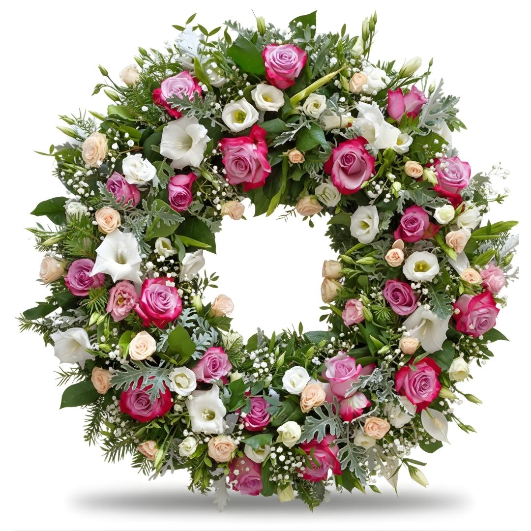 Floral wreath with pink, white, and green flowers on a white background