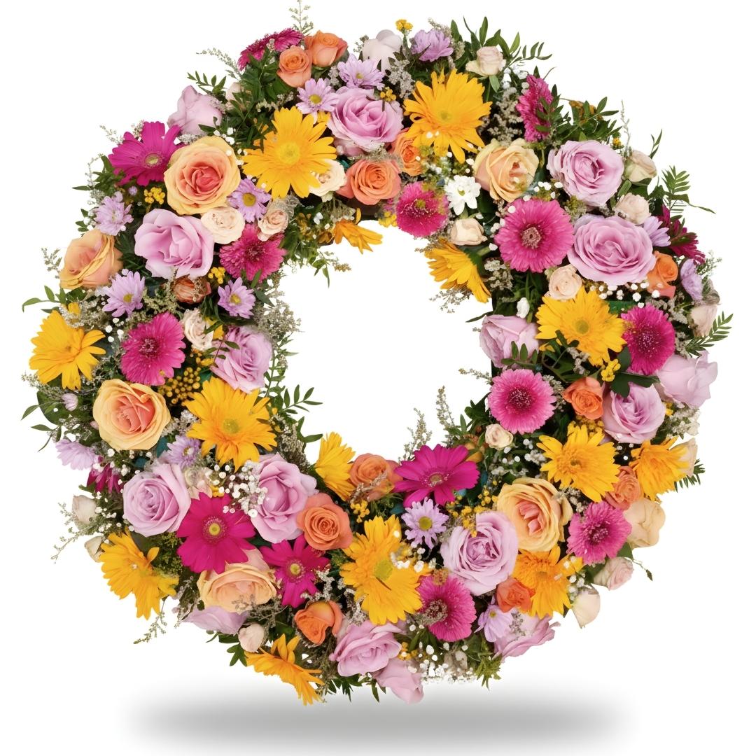 Colorful floral wreath with pink, yellow, and orange flowers on a white background