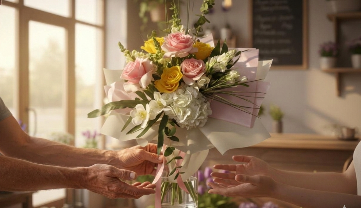 Person receiving a bouquet of flowers in a bright indoor setting