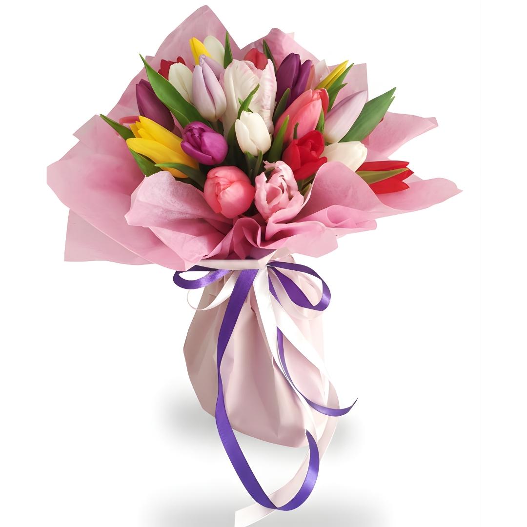 Bouquet of colorful tulips with pink paper and purple ribbon on a white background