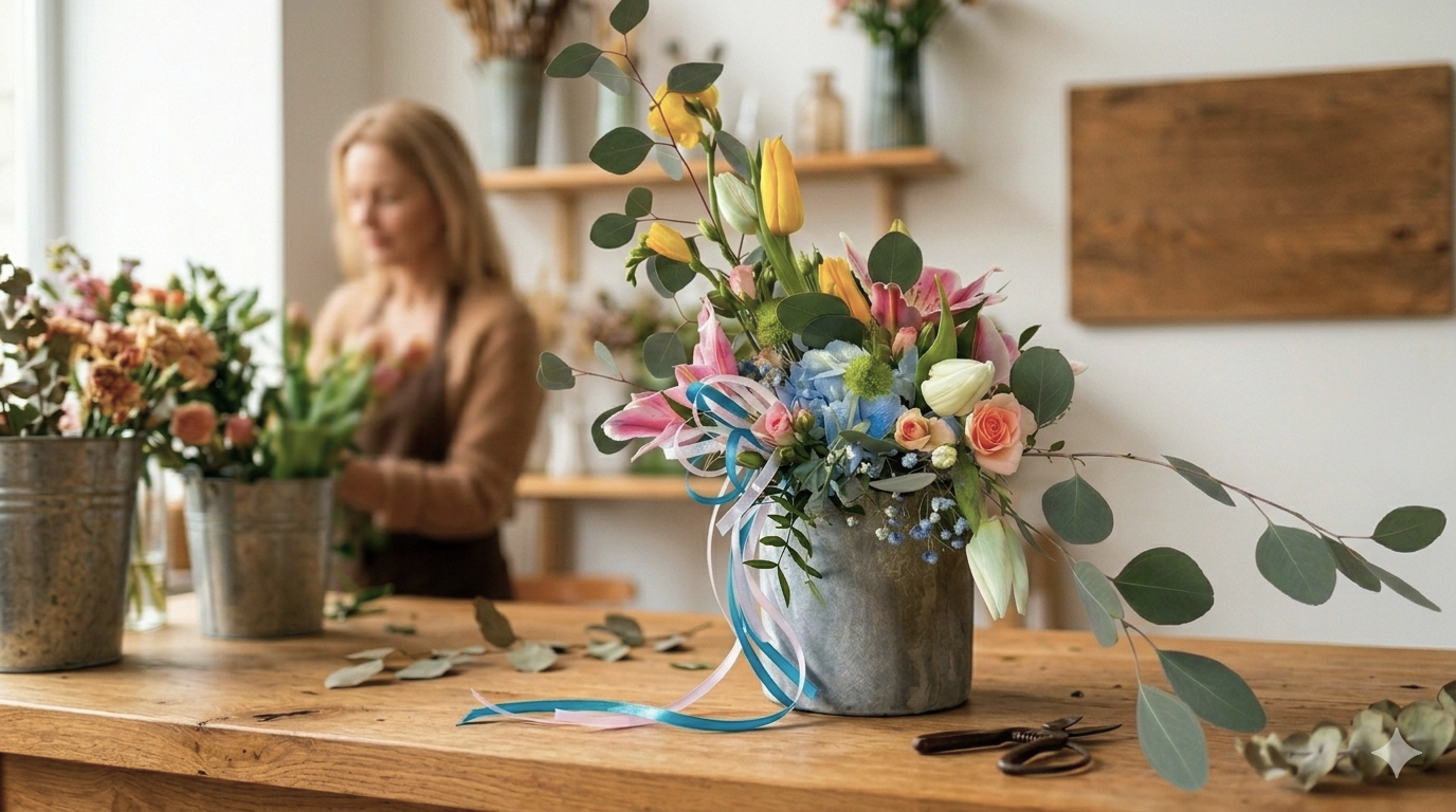 Floral arrangement on a wooden table with a blurred person in the background
