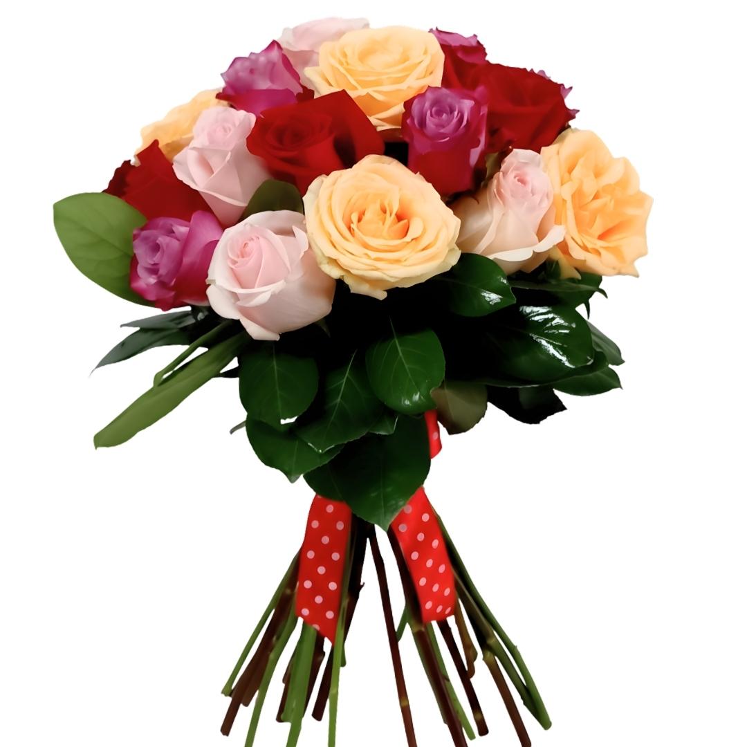 Bouquet of colorful roses with a red ribbon on a white background