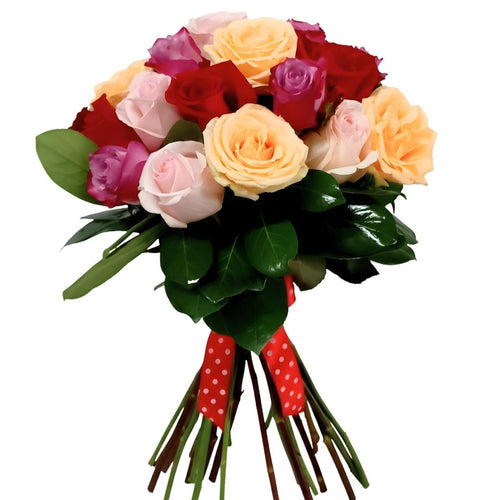 Bouquet of colorful roses with a red ribbon on a white background